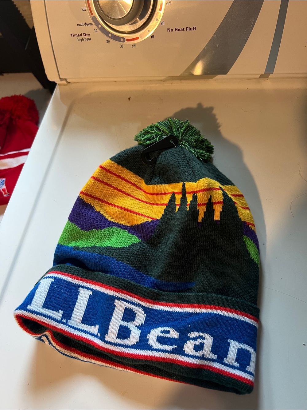 L.L. Bean Green Scenic Pom-Pom Adult Beanie with Multicolor Stripes